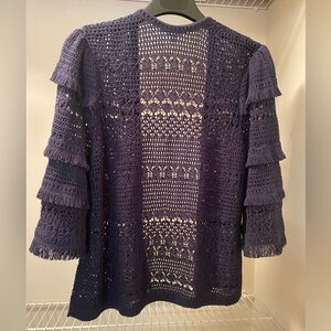 New Chico's XL Navy Open Front Crochet Sweater with Tiered Sleeves
